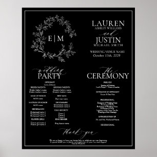 Affiche Black White Leafy Crest Monogram Wedding Program