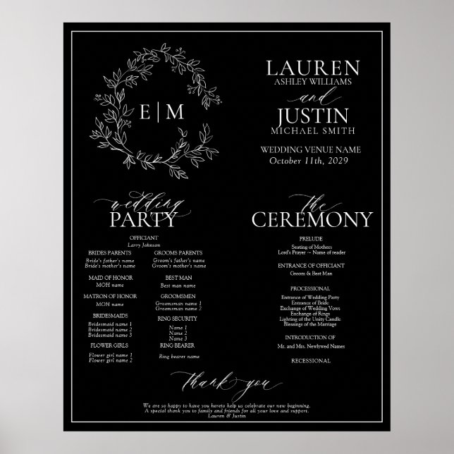 Affiche Black White Leafy Crest Monogram Wedding Program (Devant)