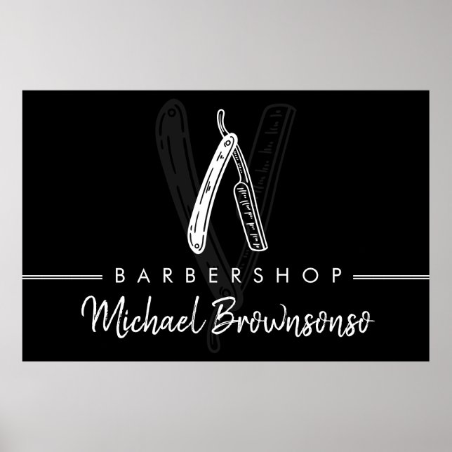 Affiche Black White Minimal Logo Branding Razor Barber (Devant)