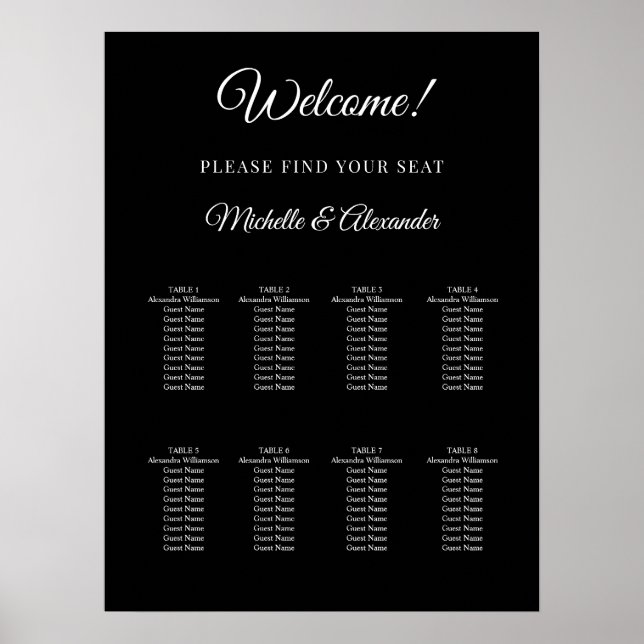 Affiche Black white modern script wedding seating chart (Devant)