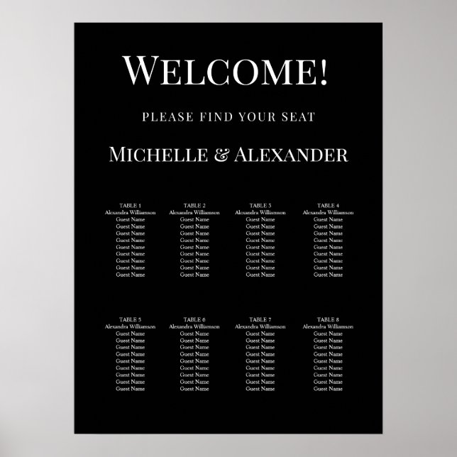 Affiche Black white modern simple wedding seating chart (Devant)