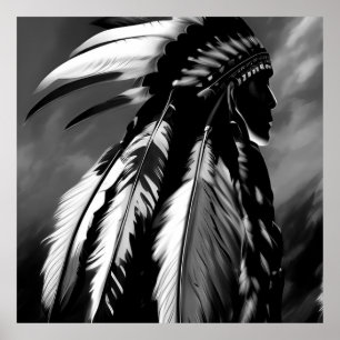Affiche Black White Native American Indian Man profil