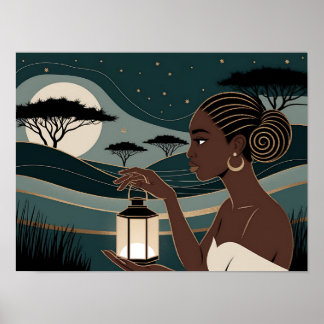 Affiche Black Woman Holding a Lantern at Night