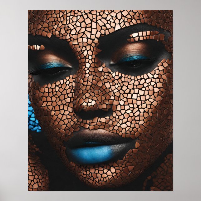 Affiche Black Womens Blue Cuivre Mosaïque Visage mur Art (Devant)