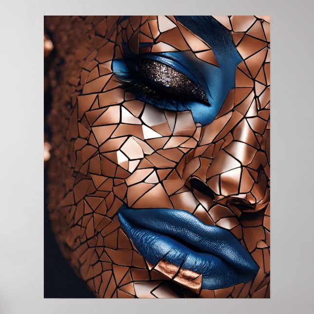 Affiche Black Womens Blue Cuivre Mosaïque Visage mur Art (Devant)