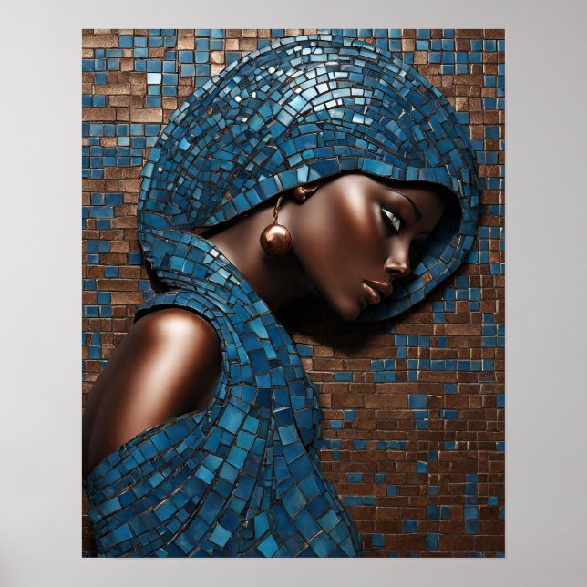 Affiche Black Womens Blue Cuivre Mosaïque Visage mur Art (Devant)