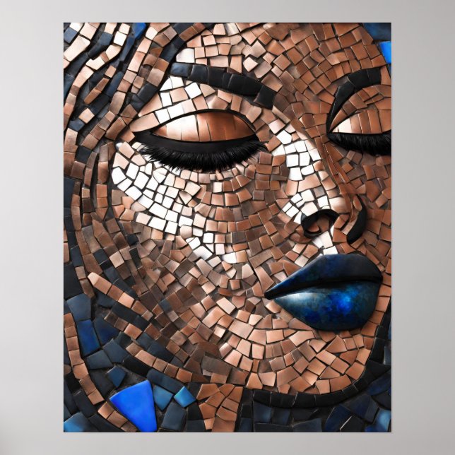 Affiche Black Womens Blue Cuivre Mosaïque Visage mur Art (Devant)