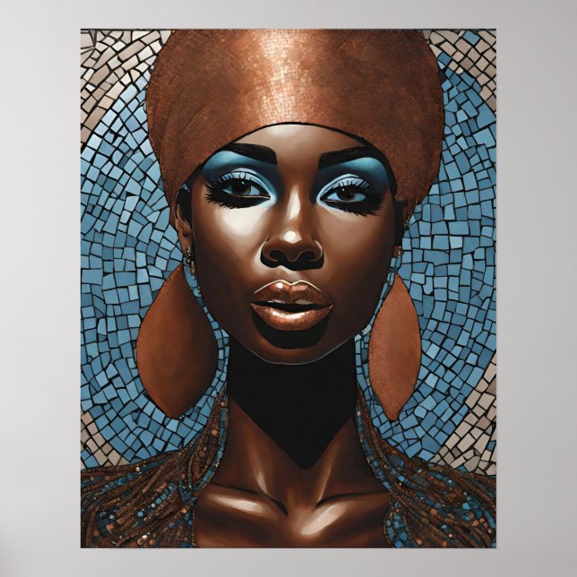 Affiche Black Womens Blue Cuivre Mosaïque Visage mur Art (Devant)