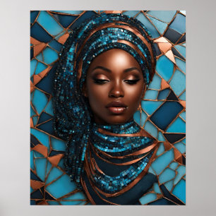 Affiche Black Womens Blue Cuivre Mosaïque Visage mur Art