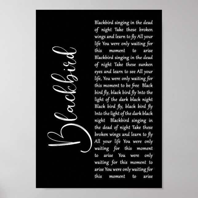 Affiche Blackbird Black Script Chanson Lyric Wall Art Impr (Devant)