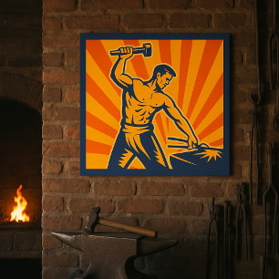 Affiche Blacksmith Hammering Retro Strongman Labor