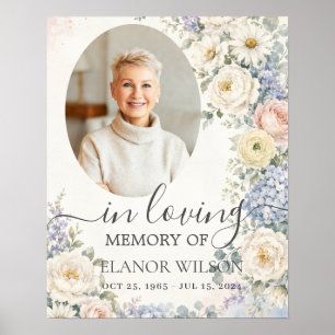 Affiche Blanc Bleu Fleurs de deuil Photo Funéraire Mémoria