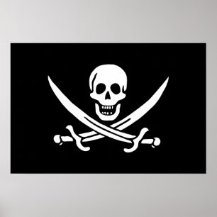 Affiche Blanc, Drapeau Pirate Calico Jack, Crâne & Cutlass