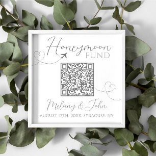Affiche Blanc et gris mignon Elégant QR Code Honeymoon Fun