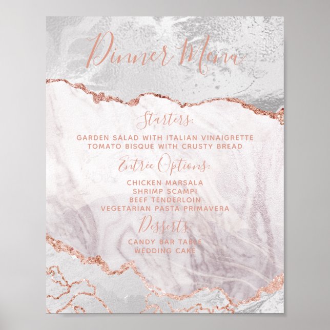 Affiche Blanc et Rose Gold Agate Mariage Menu Panneau Tabl (Devant)
