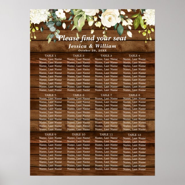 Affiche Blanc et verdure 12 tables Mariage CHART DE SIÈGE (Devant)