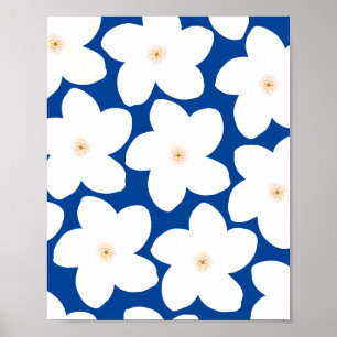 Affiche Blanc Floral Rétro Sur Fleurs Bleues