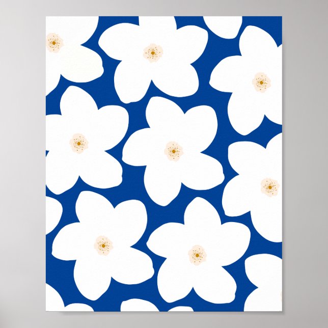 Affiche Blanc Floral Rétro Sur Fleurs Bleues (Devant)