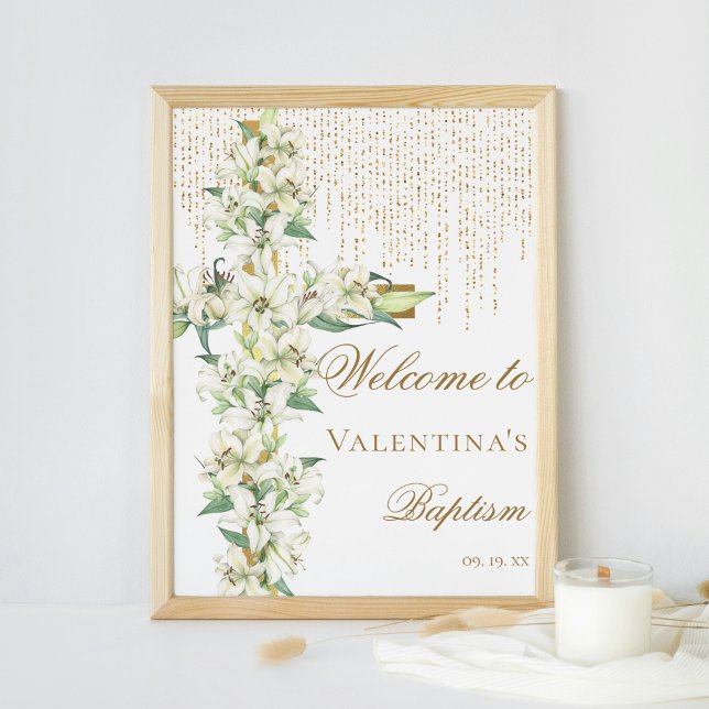 Affiche Blanc Lily Floral Gold Cross Baptême Bienvenue (Créateur téléchargé)