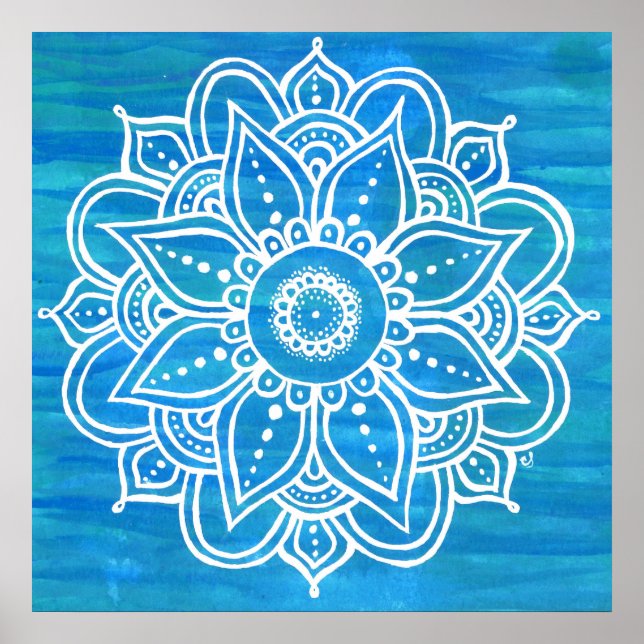 Affiche Blanc Mandala Aquarelle Bleu Vert Vagues (Devant)