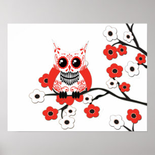 Affiche blanche rouge de hibou de fleurs de