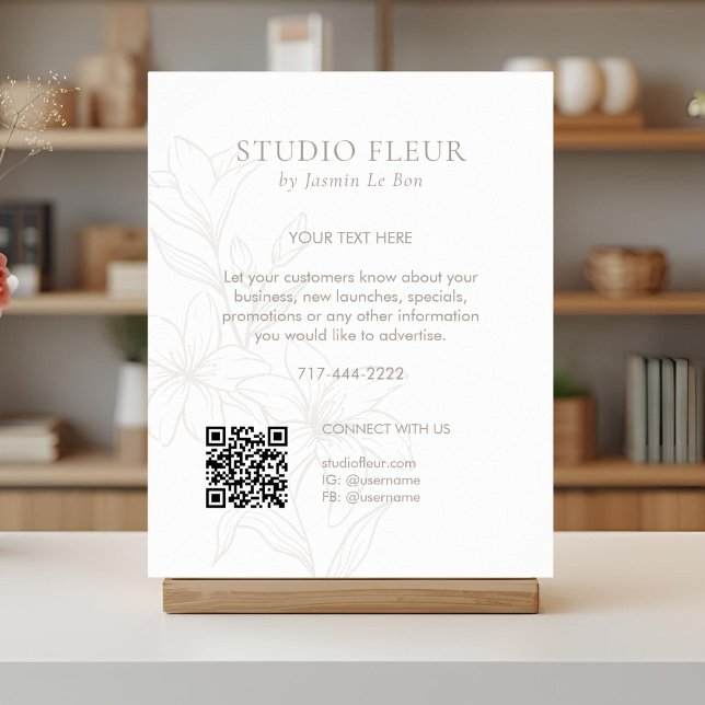 Affiche BLANCHE | Texte floral chic promotionnel QR (Créateur téléchargé)
