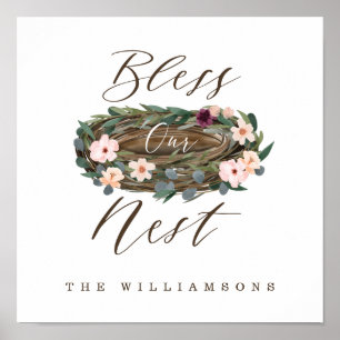 Affiche Bless Our Nest Watercolor Floral Nest Nom personna