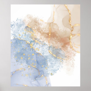 Affiche Bleu Abstrait, Taupe et Or