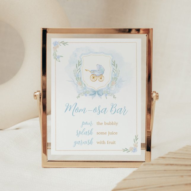 Affiche Bleu Aquarelle Crest Baby shower Maman Osa Bar (Blue Gold Carriage Crest Baby Shower Mom Osa Bar Sign)
