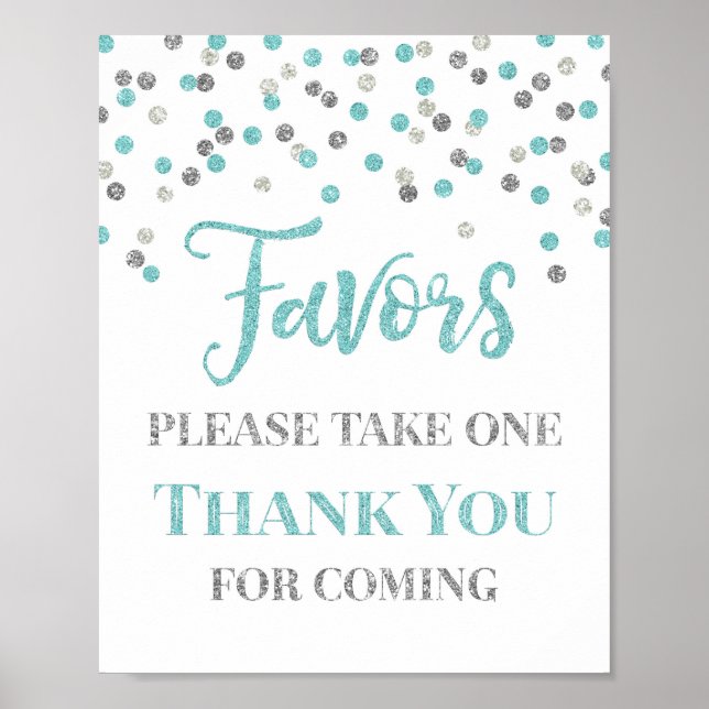 Affiche Bleu Argent Confetti Favore Baby shower Signal (Devant)