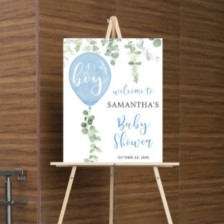 Affiche Bleu baby shower eucalyptus signe de bienvenue