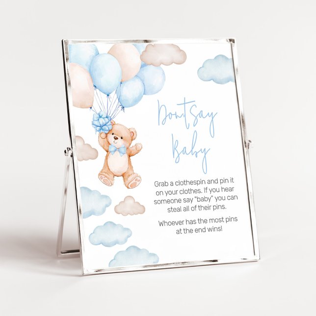 Affiche Bleu Bear Baby shower de ballon ne pas dire bébé (Blue Baby Bear Balloon Baby Shower Don't Say Baby Sign)