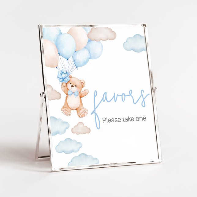 Affiche Bleu Bear Balloon Baby shower Faveurs (Blue Baby Bear Balloon Baby Shower Favors Sign)