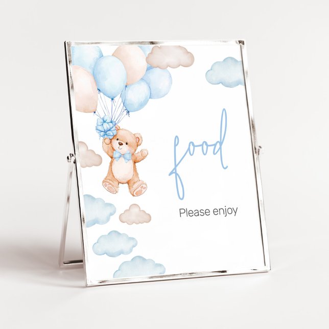 Affiche Bleu Bear Ballotte Baby shower Nourriture (Blue Baby Bear Balloon Baby Shower Food Sign)