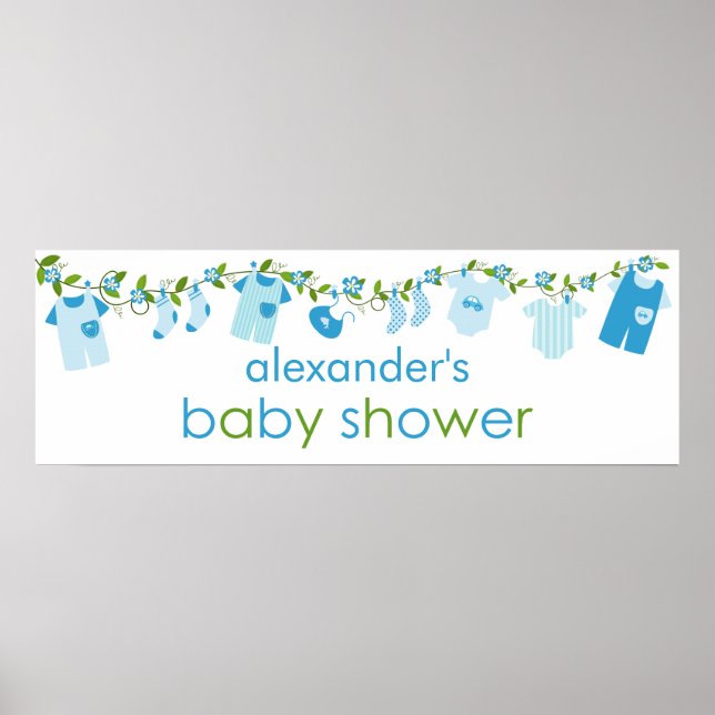 Affiche Bleu Bébé Clothesline Baby shower Bannière (Devant)