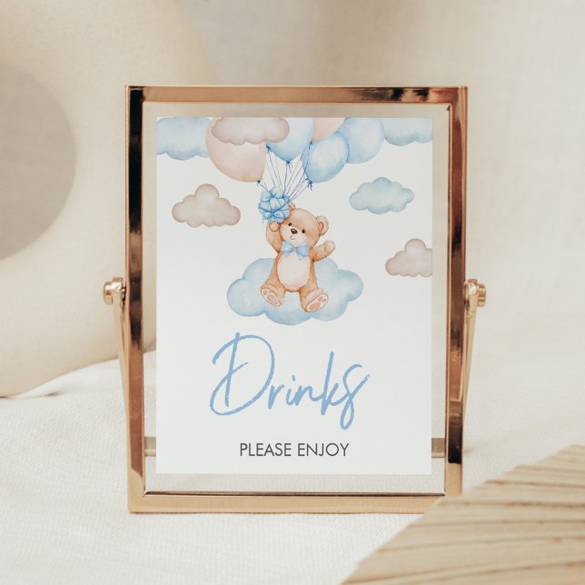 Affiche Bleu Bébé Ours Balloon Baby shower Boissons (Blue Bear Balloon Baby Shower Drinks Sign)