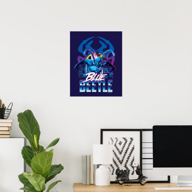 Affiche Bleu Beetle Rétrowave Ville coucher du soleil (Bureau à domicile)
