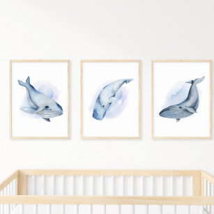 Affiche Bleu blanc Aquarelle Baleen Baleine à bosse