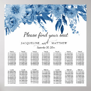 Affiche Bleu blanc Aquarelle Floral Mariage Carte de siège