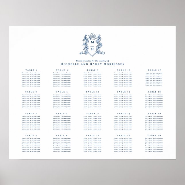 Affiche Bleu blanc couronne mariage 20 table (Devant)