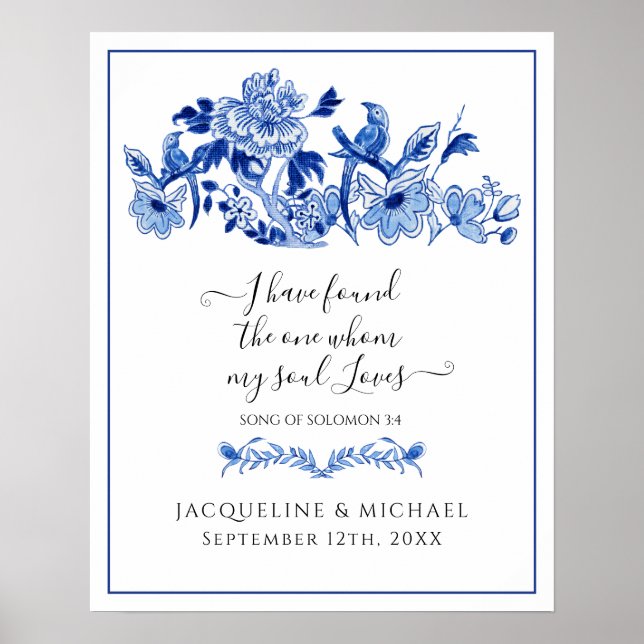 Affiche Bleu Blanc Inséparables Chine Floral Bienvenue Mar (Devant)