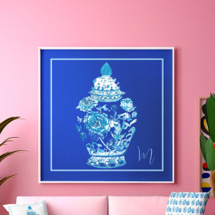 Affiche Bleu Blanc Monogramme Élégant Ginger Jar