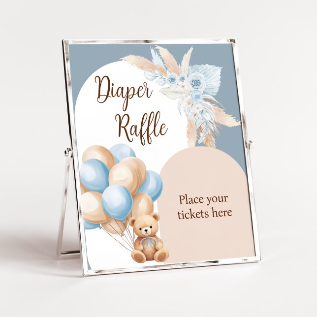 Affiche Bleu Boho Bear Balloon Baby shower Déchets Raffin (Boy Bear Arch Balloon Baby Shower Diaper Raffle Sign)