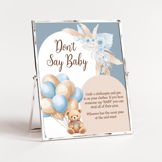 Affiche Bleu Boho Bear Balloon Baby shower Ne pas dire Béb (Boy Bear Arch Balloon Baby Shower Don't Say Baby Sign)