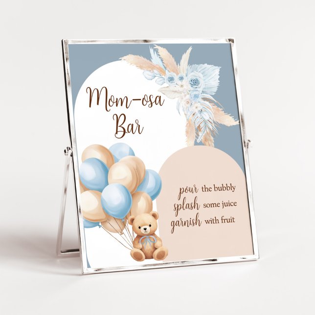 Affiche Bleu Boho Ours Ballotte Baby shower Maman Osa Bar (Boy Bear Arch Balloon Baby Shower Mom Osa Bar Sign)