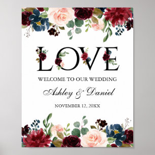 Affiche Bleu Bourgogne Floral Amour Mariage Bienvenue