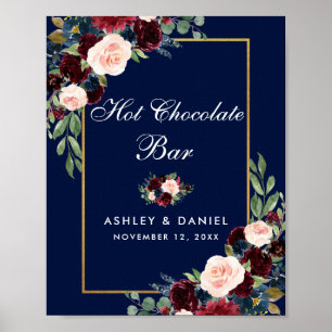 Affiche Bleu Bourgogne Or Floral Mariage Chocolat chaud