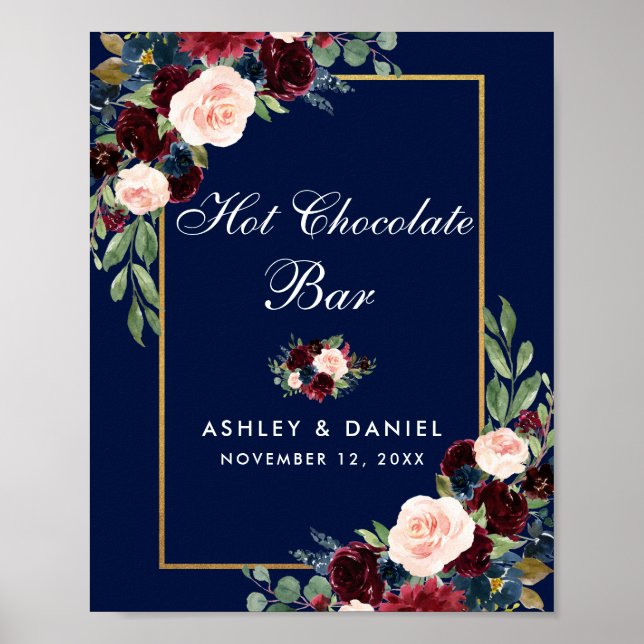 Affiche Bleu Bourgogne Or Floral Mariage Chocolat chaud (Devant)