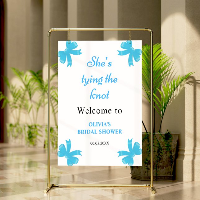 Affiche Bleu Bow Elle Attache La Fête des mariées Du Noeud (Blue Bow She's Tying The Knot Bridal Shower Welcome Sign )
