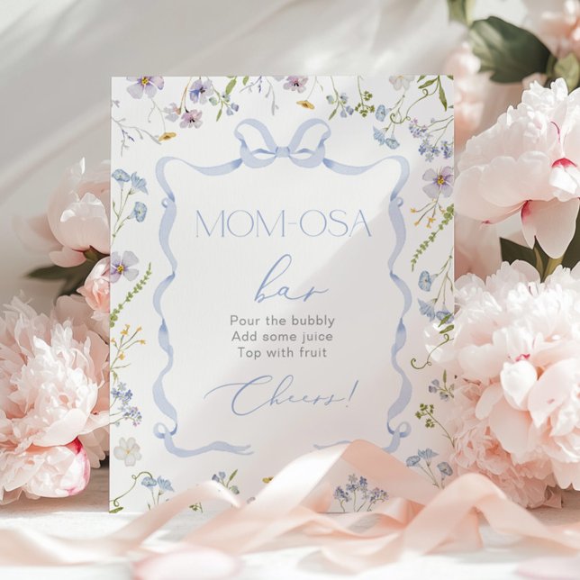 Affiche Bleu Bow ruban Fleur sauvage Momosa bar aquarelle (Créateur téléchargé)